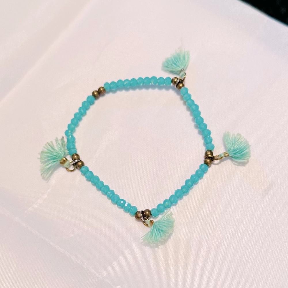 ROLLER RABBIT Turquoise Aqua Blue & Gold Beaded Tassel Stretchy Boho Bracelet